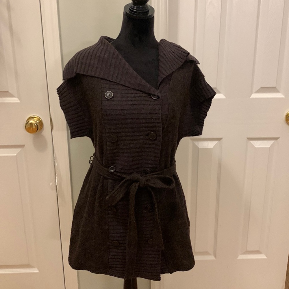 Fenn Wright Manson Wool Short Sleeve Cowl Neck Tie Front Button Sweater- Size L